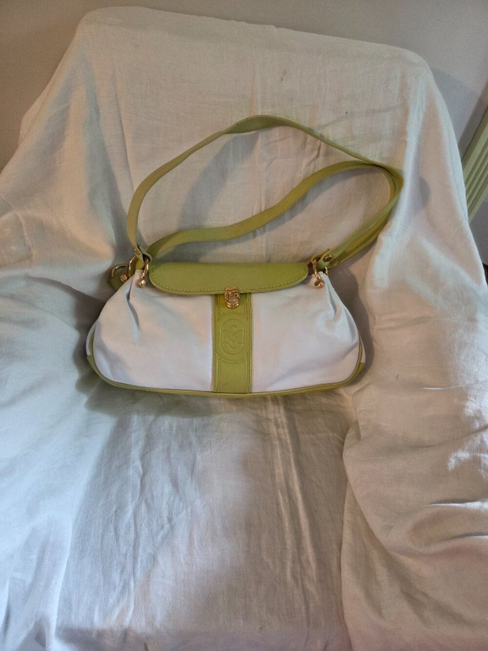MARINO ORLANDI Italian LEATHER XL bag satchel tote Lime Green & white Excellent